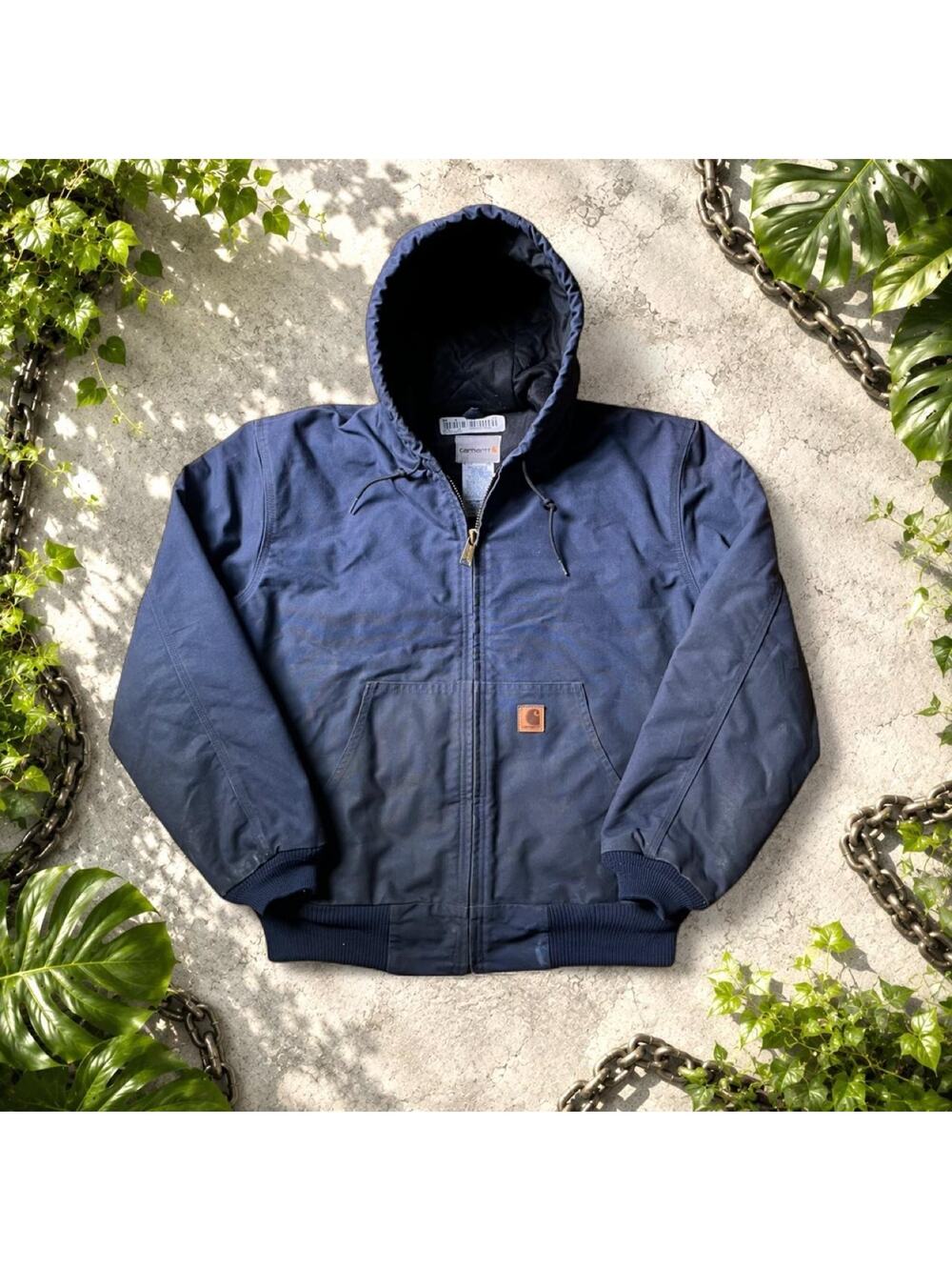 Carhartt J130 MDT Duck Canvas Quilt Lined Hooded Jacket Sz US L Blue Vintage Zip